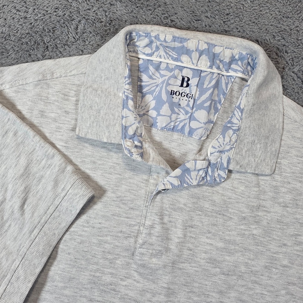 Boggi Milano Polo Shirt Mens XL Grey Short Sleeve Floral Trim Italian Luxury